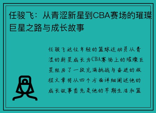 任骏飞：从青涩新星到CBA赛场的璀璨巨星之路与成长故事