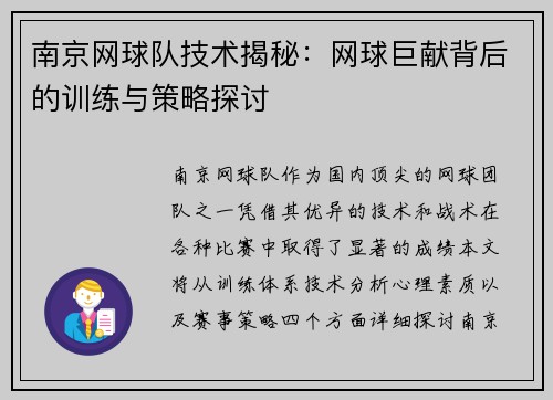 南京网球队技术揭秘：网球巨献背后的训练与策略探讨