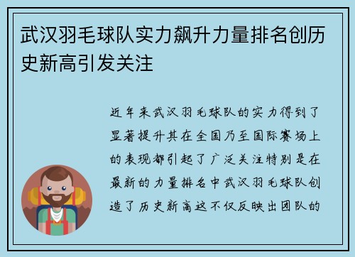 武汉羽毛球队实力飙升力量排名创历史新高引发关注